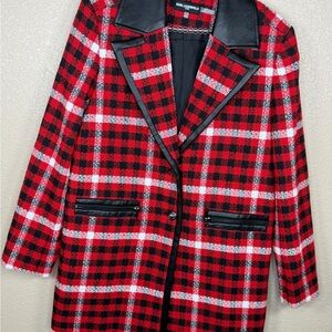 Karl Lagerfeld Red Black and White Plaid Blazer with Faux Leather Trim